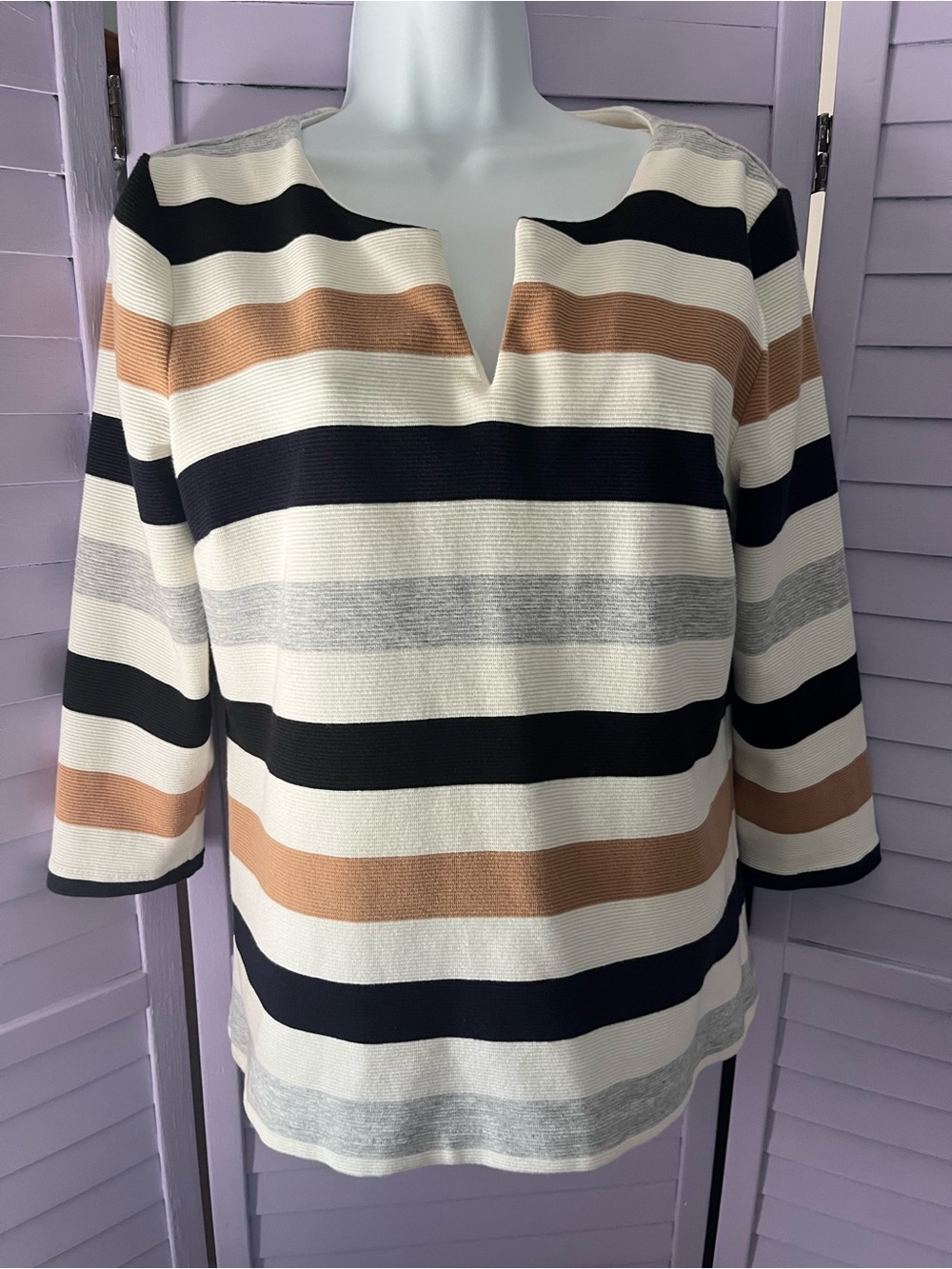 TALBOTS Striped V-Neck Knit Top in Cream, Navy, Black & Tan